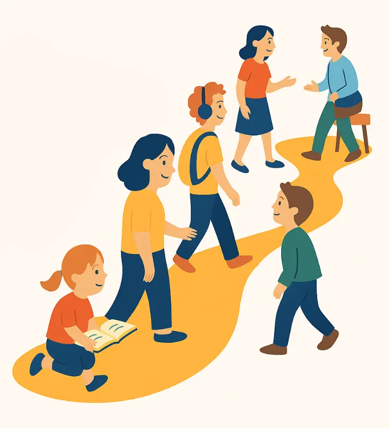 Insegnante che sorride con studenti durante una lezione d'inglese a Milano - My Way English